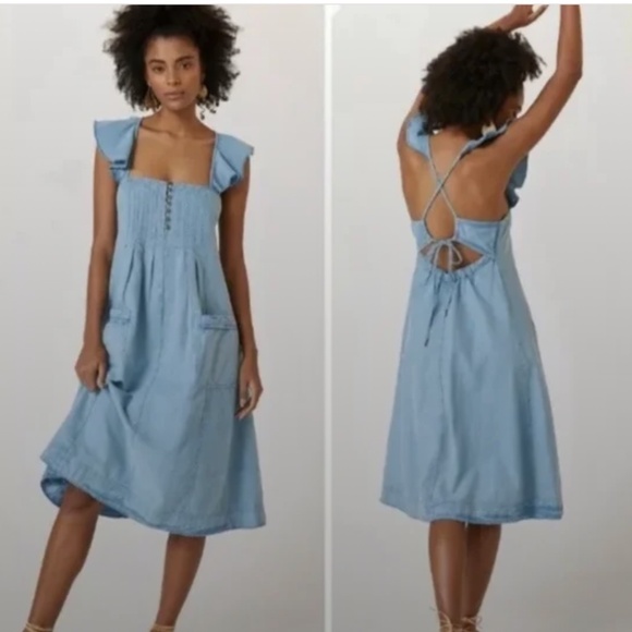 Anthropologie Dresses & Skirts - Anthropologie Pilcro Flutter Sleeve Chambray Midi Dress, front pockets, size S